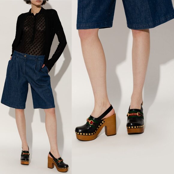 GUCCI SHOES HORSEBIT WEB BLACK LEATHER PLATFORM CLOGS w STUDS sz 39.5 9.5 - Picture 3 of 15